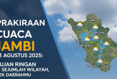 Prakiraan Cuaca Jambi 13 Agustus 2025: Hujan Ringan di Sejumlah Wilayah, Cek Daerahmu